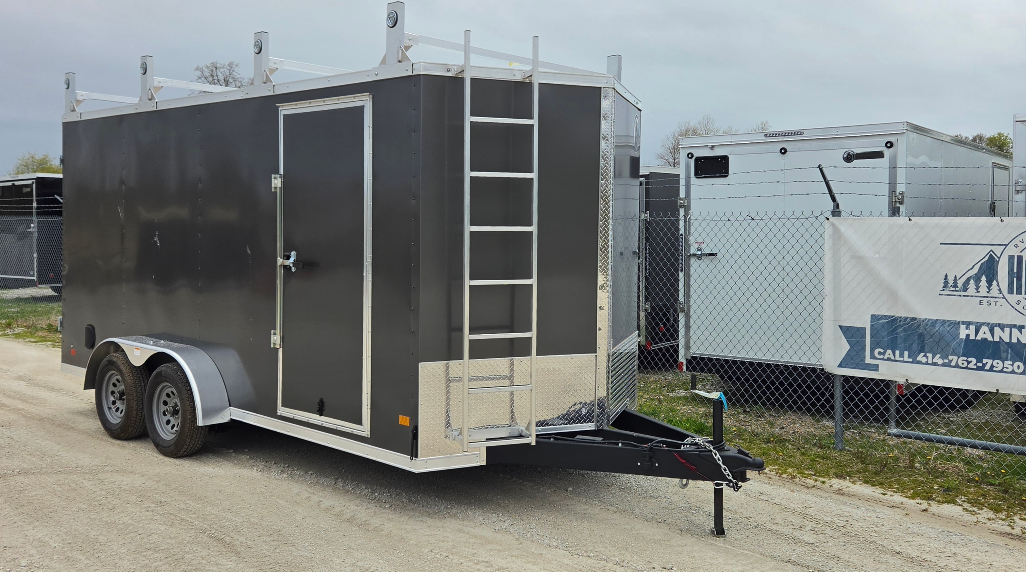 DarkHorse 7X16 Wedge Nose Tandem Axle Steel Contractor Cargo Trailer with Double Rear Doors, 12" Extra Height - 2500 Series - Charcoal